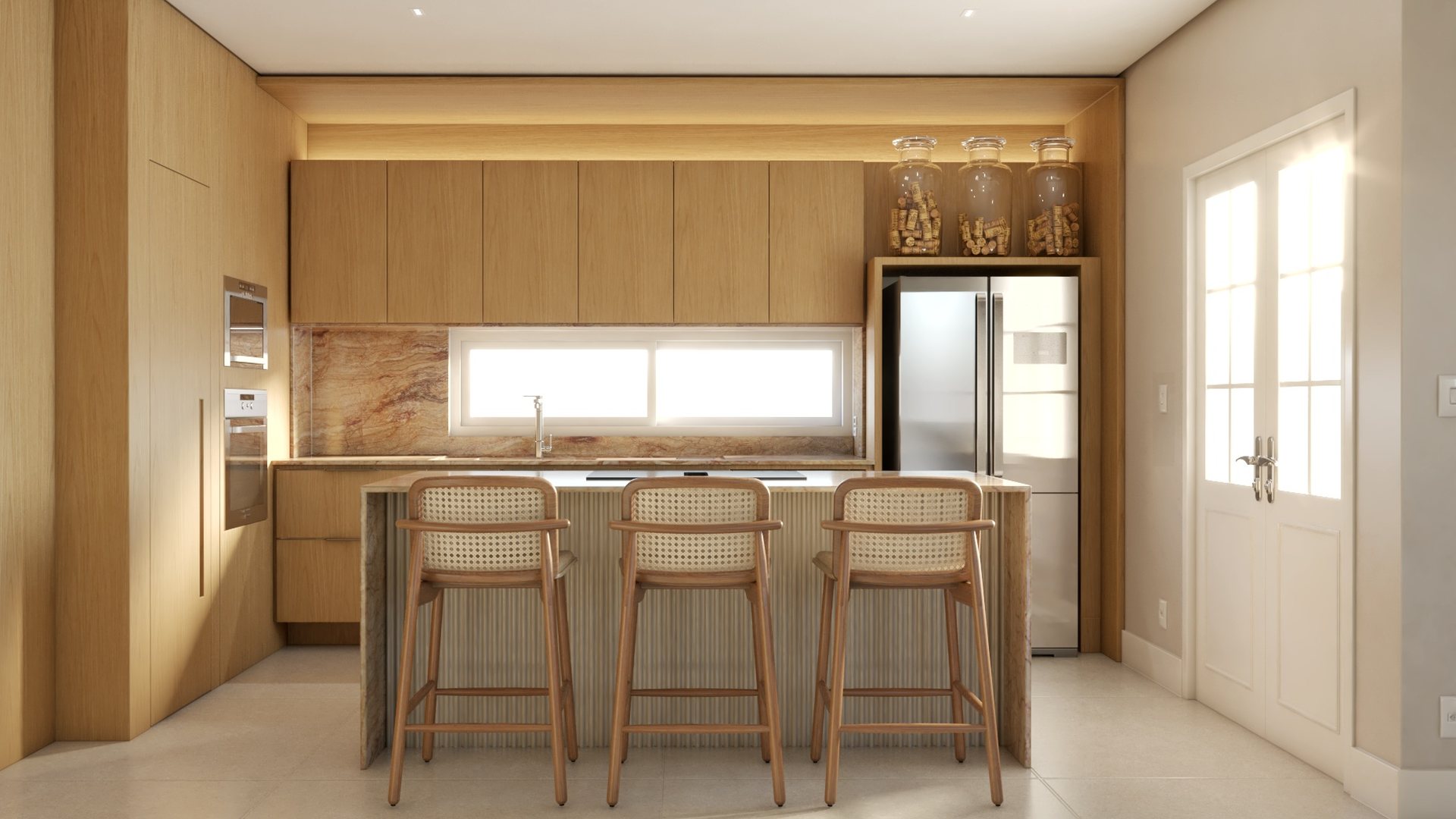 Cozinha em madeira com ilha e banquetas, projeto Aline Athaydes