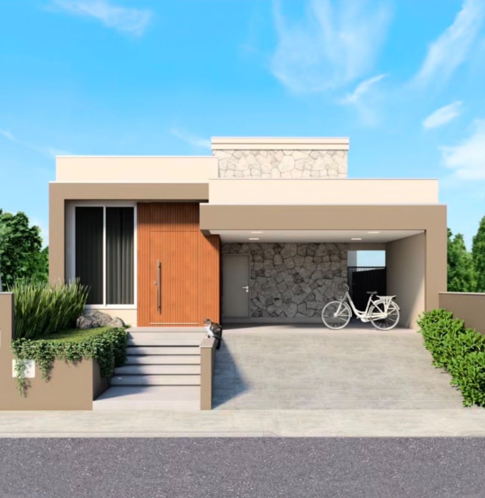 Render 3D realista da fachada de uma casa, projeto Aline Athaydes